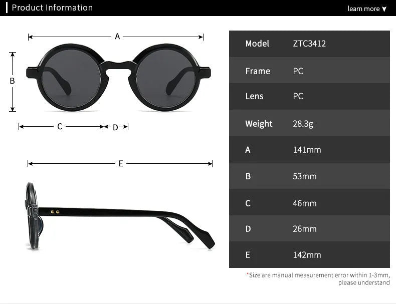 Round retro sunglasses with full-frame plastic design, UV400 lenses and C2 black frame double grey colour