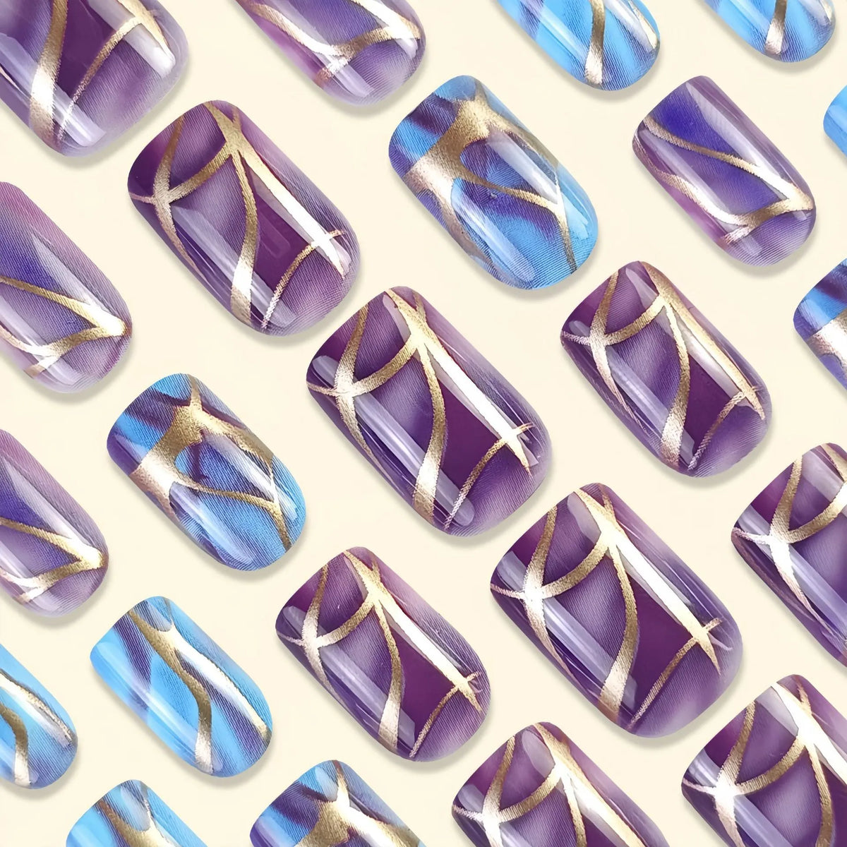 Purple striped nail stickers with European and American style design on medium-length nails