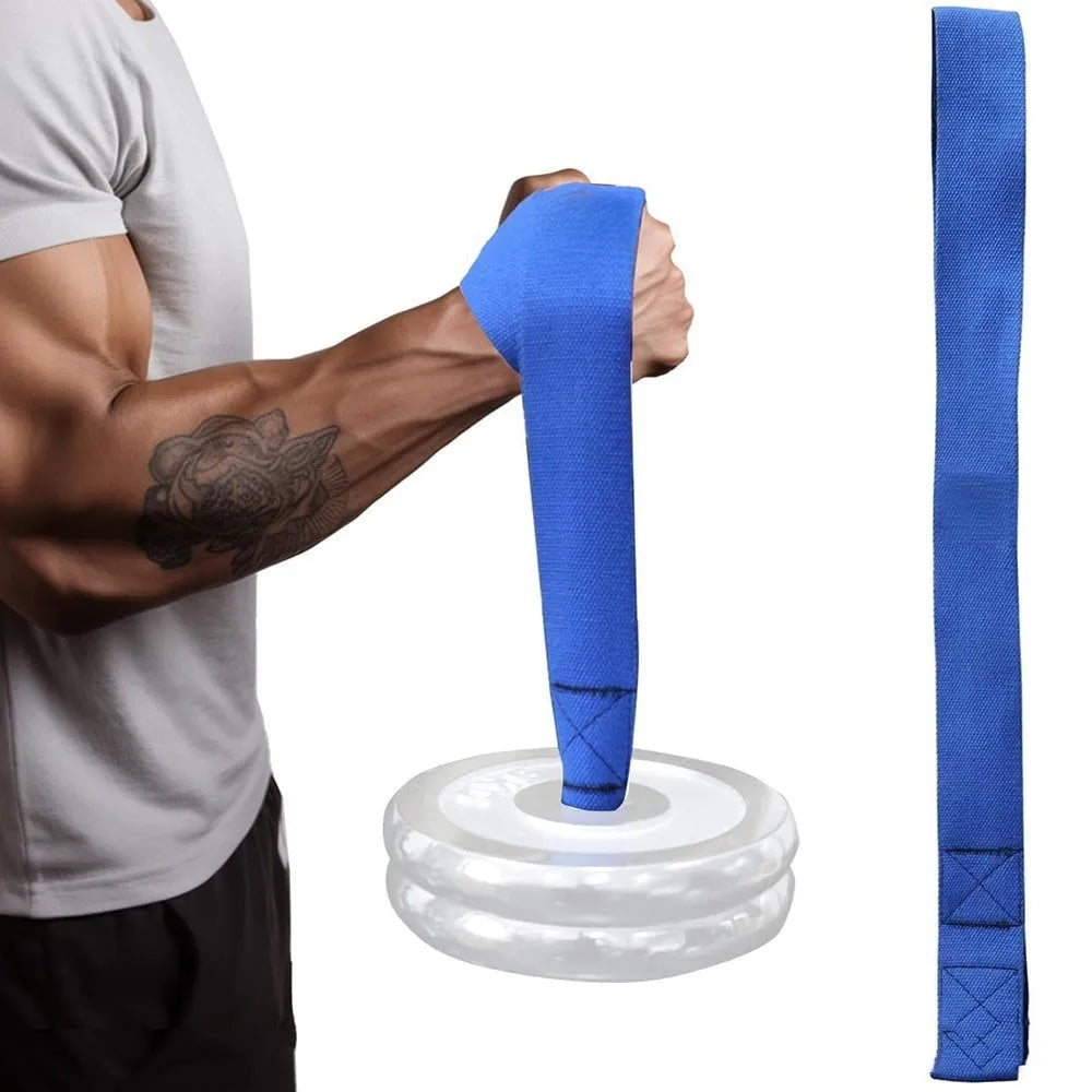 Heavy-duty arm strength training belt, 65cm by 5cm, polyester and stainless steel, in blue, orange, or black