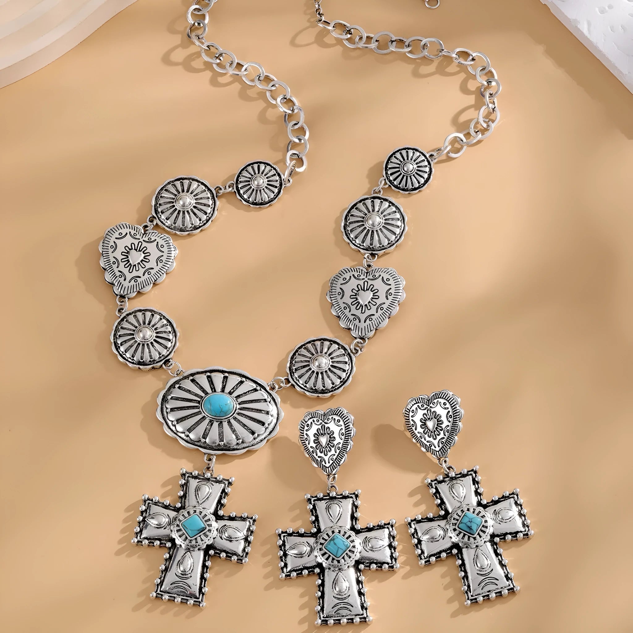 Vintage Love cross pendant earrings and necklace set in gold alloy metal