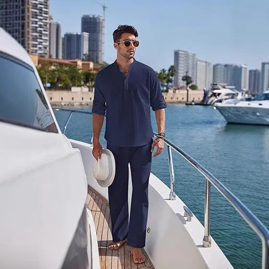 Men's casual cotton trousers suit in solid colours with long sleeves and standard thickness fabric