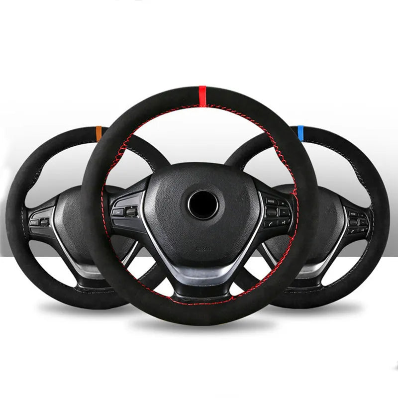 Black suede and microfiber steering wheel cover fitting 38cm diameter steering wheel