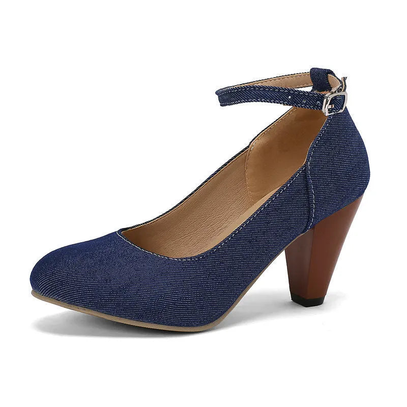 Blue denim women's high heel boots with a buckle strap and waterproof platform sole.
