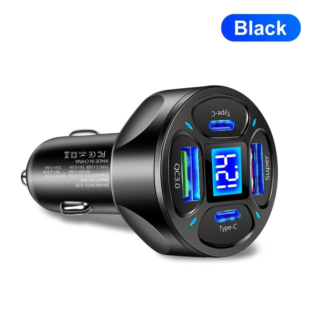 66W car charger with digital display showing 2 USB and 2 Type-C ports