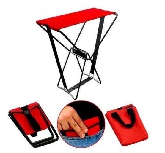 Portable pocket chair folding camping stool with metal skeleton and fabric cushion, 29x26x16 cm