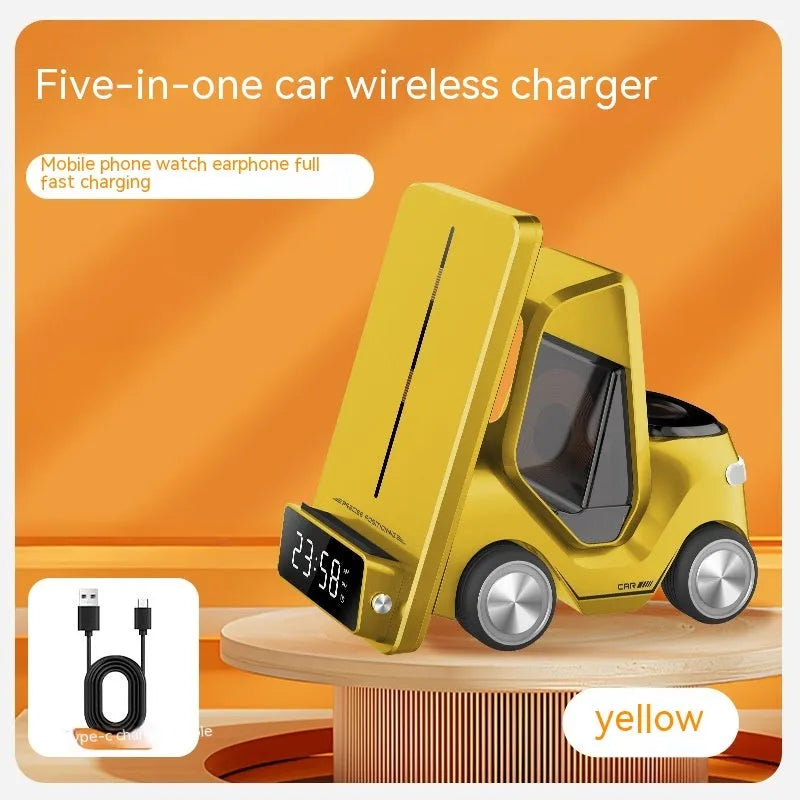 Grey 15W wireless fast charging bracket holding a smartphone, showing its compact size and Type-C port.
