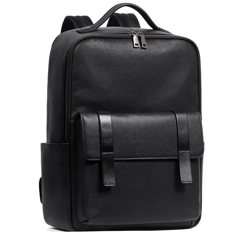 Men's black genuine leather large capacity laptop backpack with weave details.