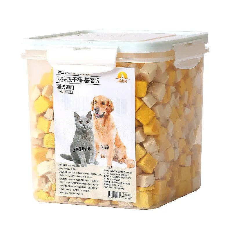 500g freeze-dried pet snack barrel for cats and dogs with chicken breast, egg yolk, chicken liver and duck liver flavours