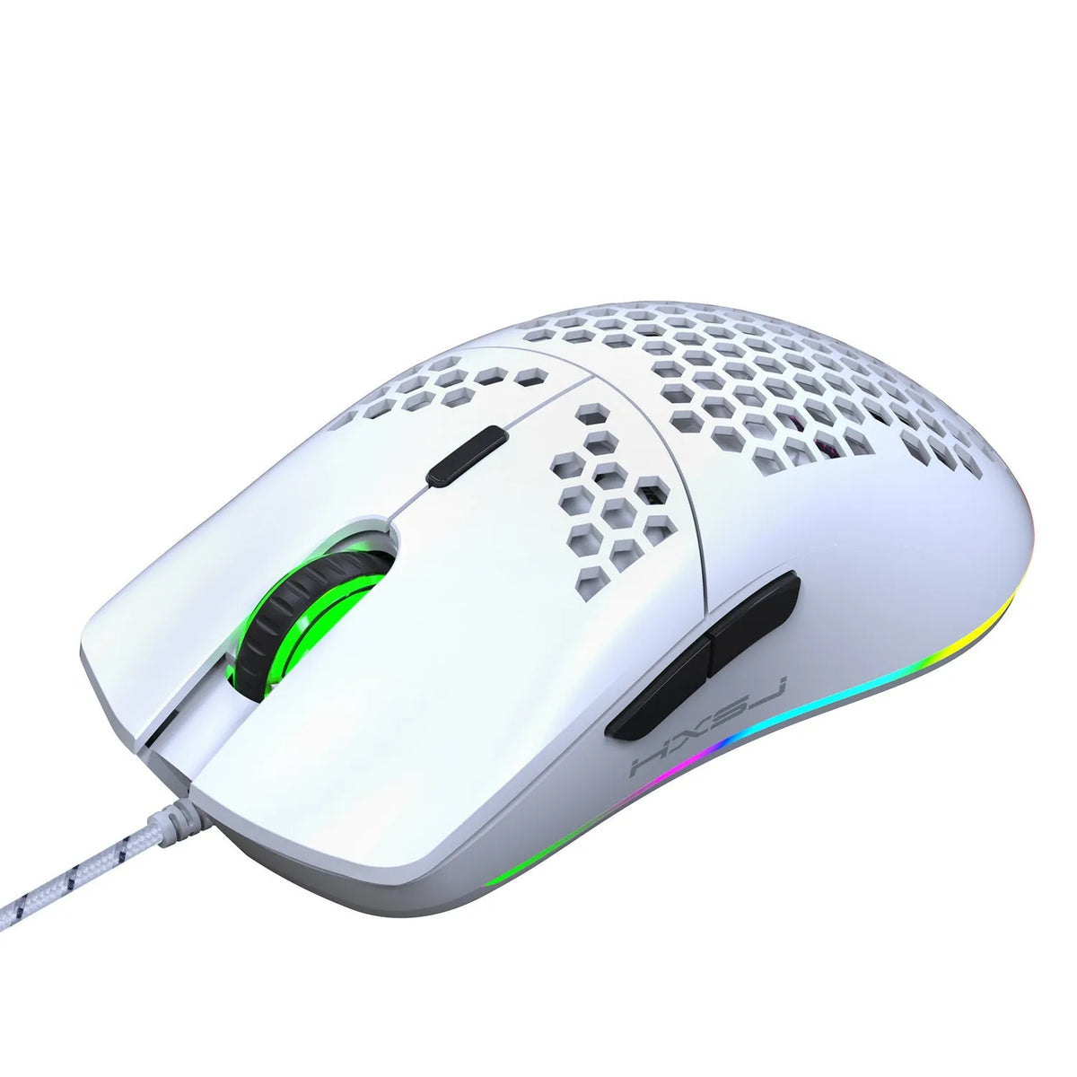 J900 honeycomb shell gaming mouse with RGB lighting on a desk