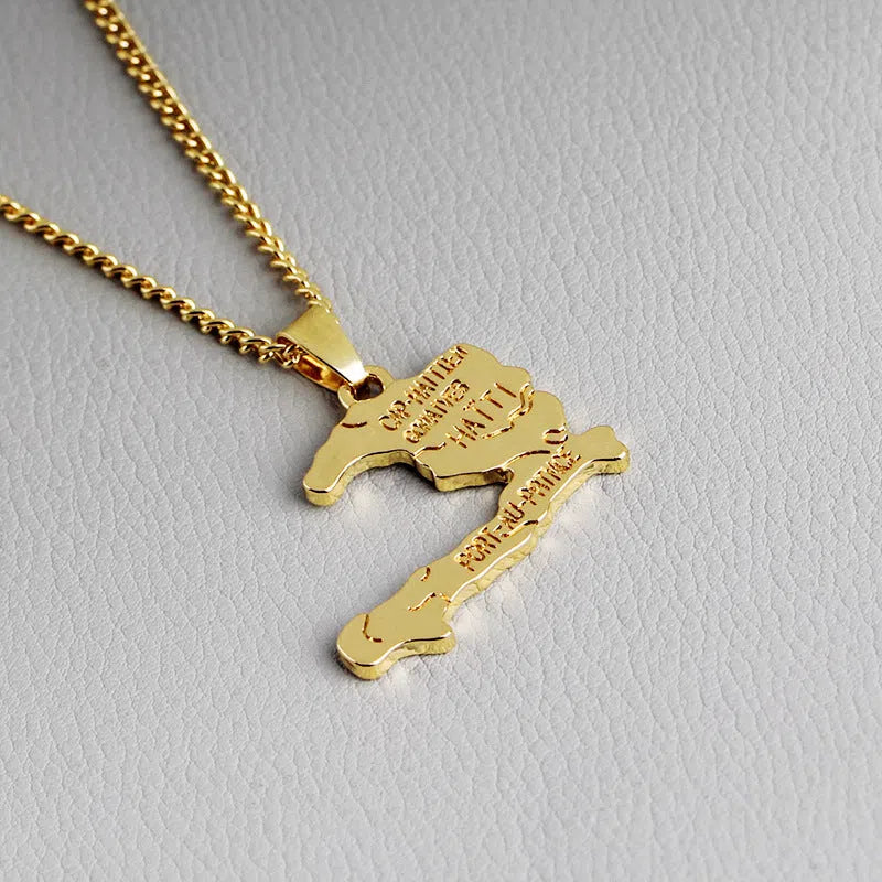 Gold-colour alloy Haiti map necklace with snake bone chain and extension chain under 10cm