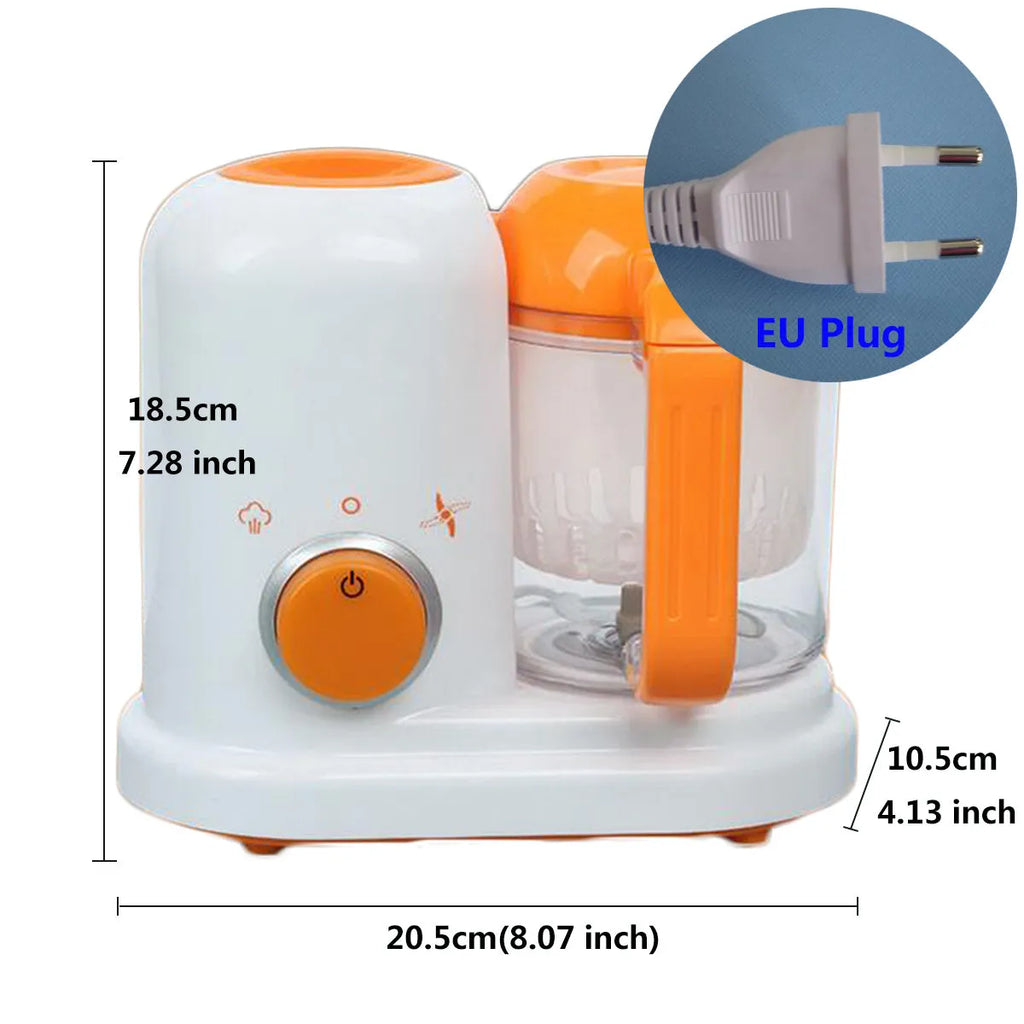Multi-function baby food processor in light green or light pink, 190ml capacity, 23x12.8x20cm, with steam, blend and heat functions.