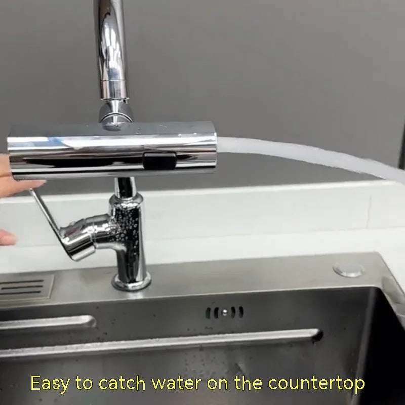 Black ABS kitchen faucet extension with rotating bubbler and waterfall outlet mode on a modern sink