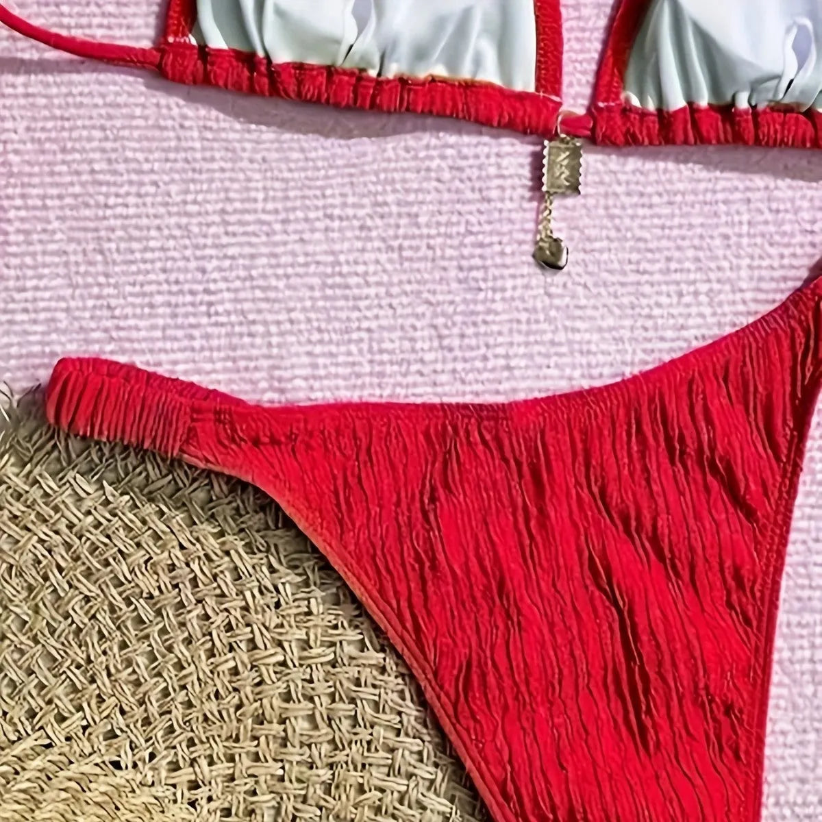 Red high waist pleated bikini set with tied split top and briefs, polyester nylon, sizes S to XL