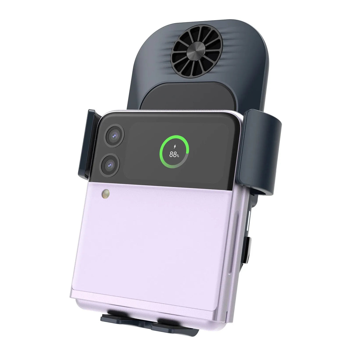 Black car wireless phone charger mounted on air vent with smartphone charging automatically clamped
