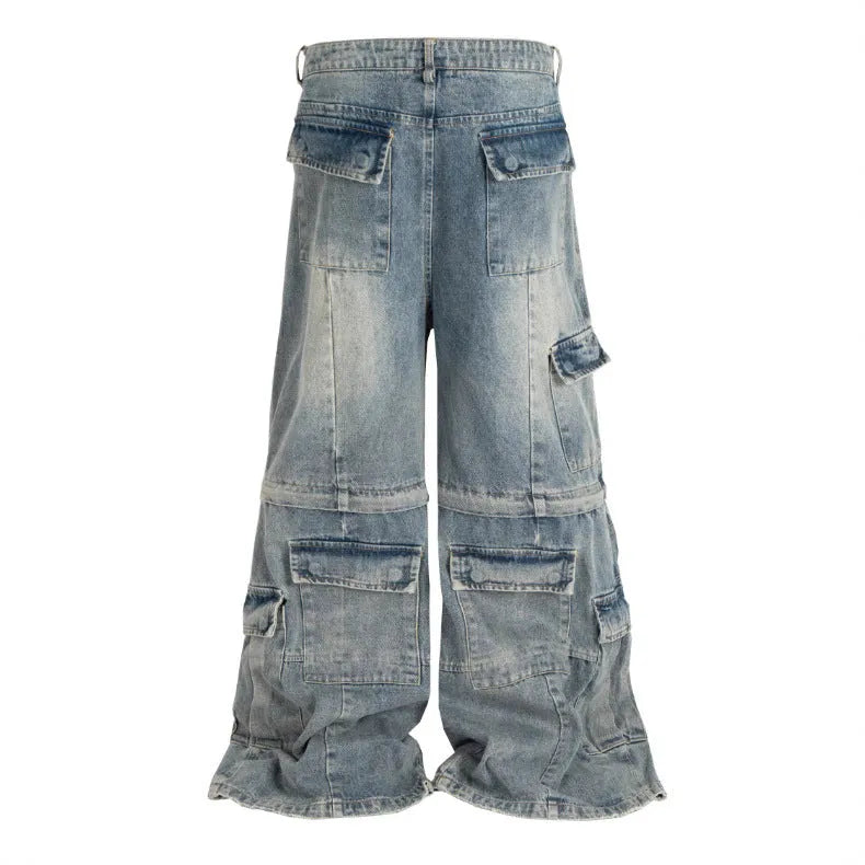 Detachable washed-out cotton overalls with multiple pockets in mid-waist style for teenagers