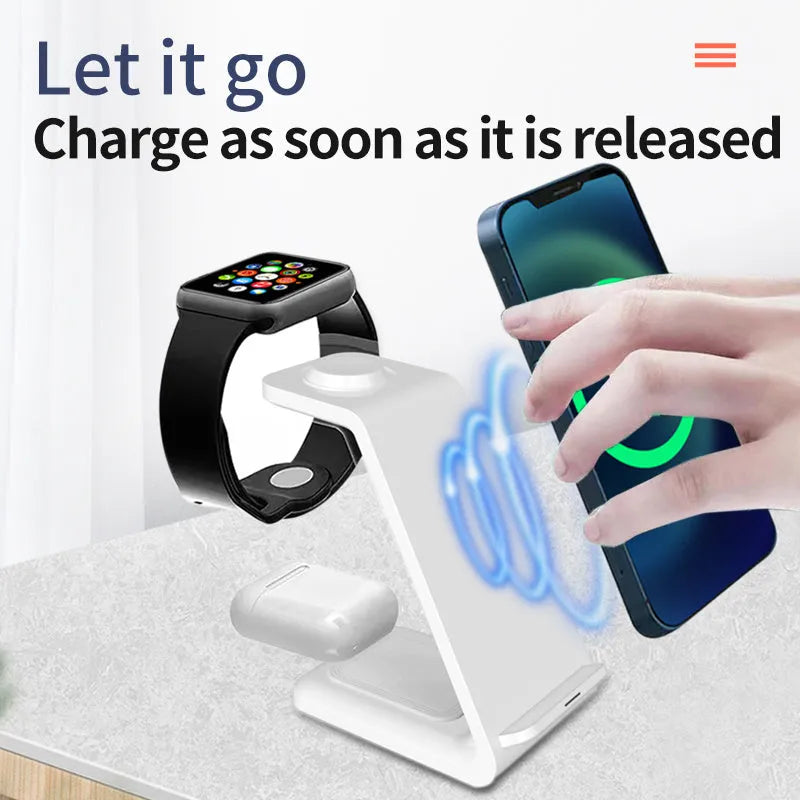 3-in-1 upright wireless charging phone stand in black or white with dual coil technology and QC3.0 fast charging