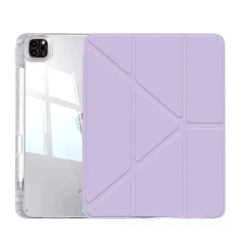 Clear acrylic iPad protective cover with a folding stand, shown in multiple colour options.