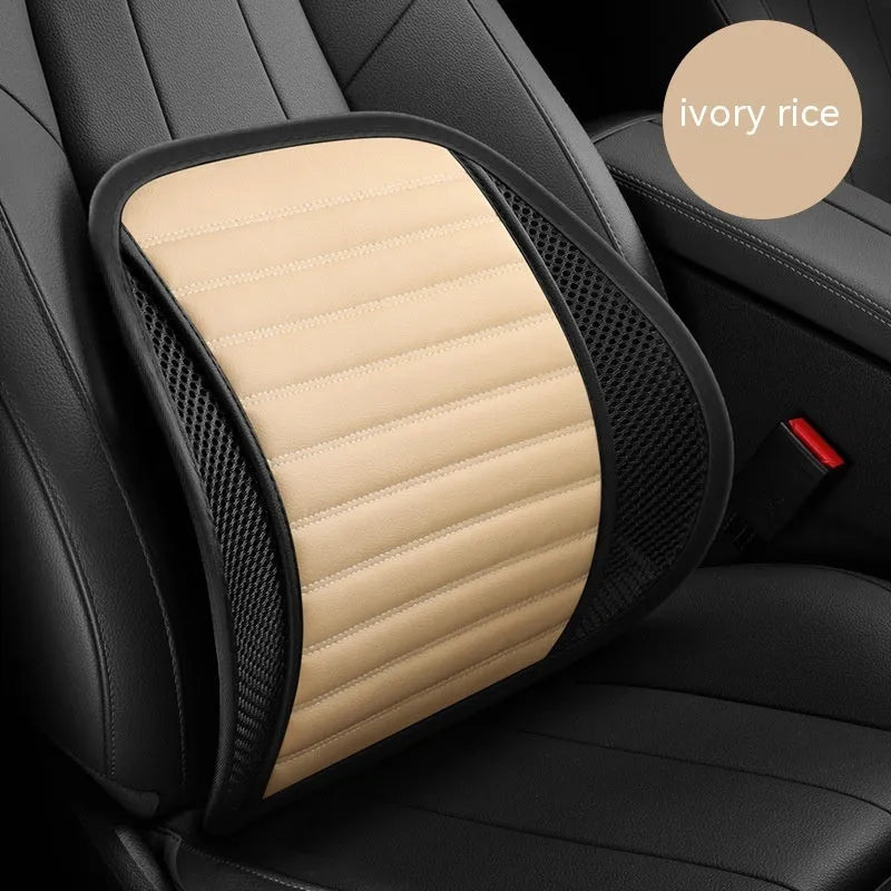 Leather lumbar support pillow for car seat in choice of five colours: blue, brown, black, ivory, and pink.