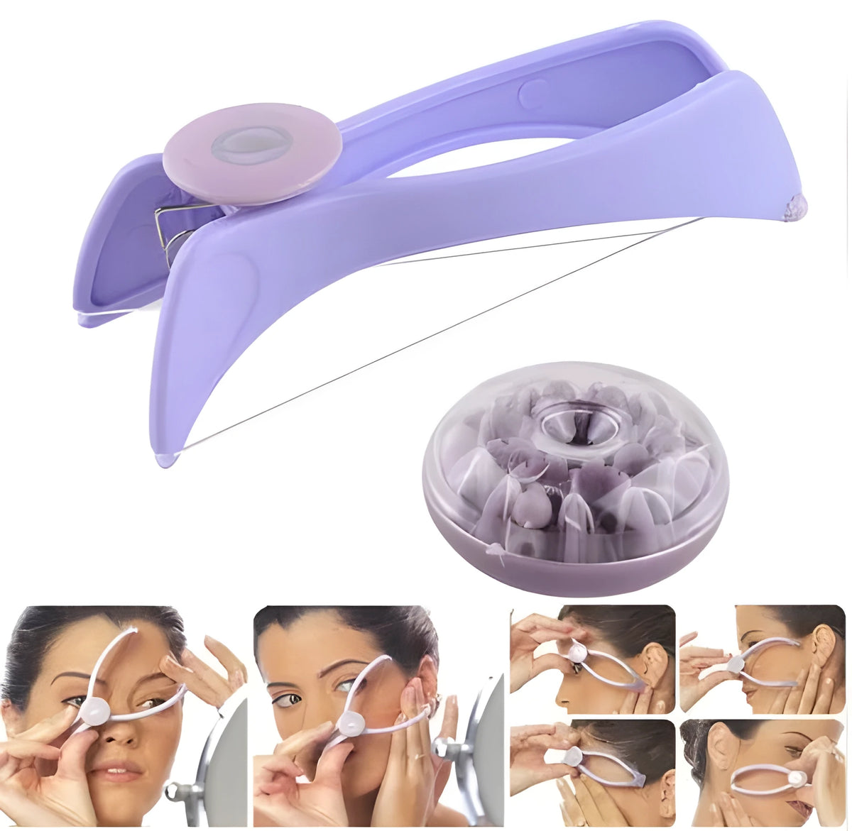 Purple manual cotton hair remover for facial and neck hair, approx. 12 x 4.5 x 3.7cm with ABS handle.