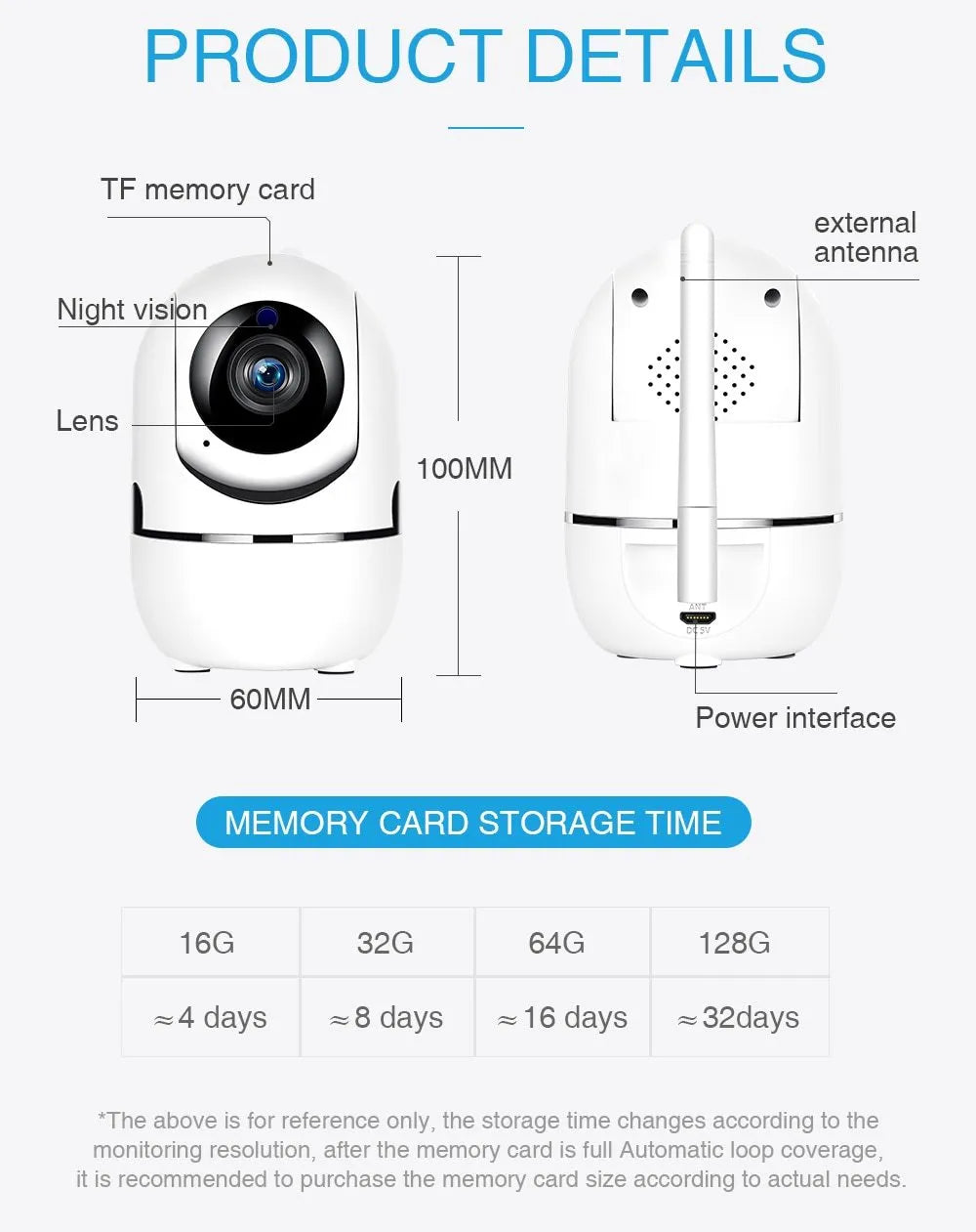 Compact black WiFi security camera with stand, 1080P HD indoor monitoring, night vision and motion detection