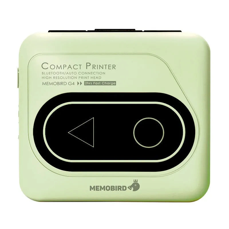 Compact avocado green Bluetooth mini thermal printer for mobile phones next to a roll of paper.