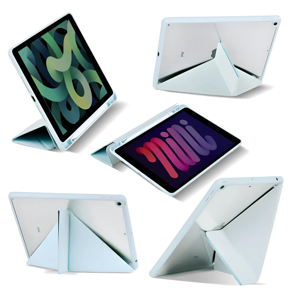 iPad protective case with Y-shaped folding bracket stand and Apple Pencil storage slot in imitation leather