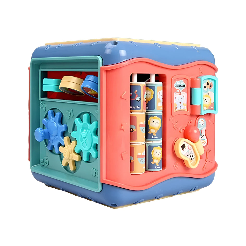 Baby hexahedron educational cube showing six sides with bead maze, clock, number tray, gears, car track, and butterfly activities