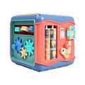 Baby hexahedron educational cube showing six sides with bead maze, clock, number tray, gears, car track, and butterfly activities