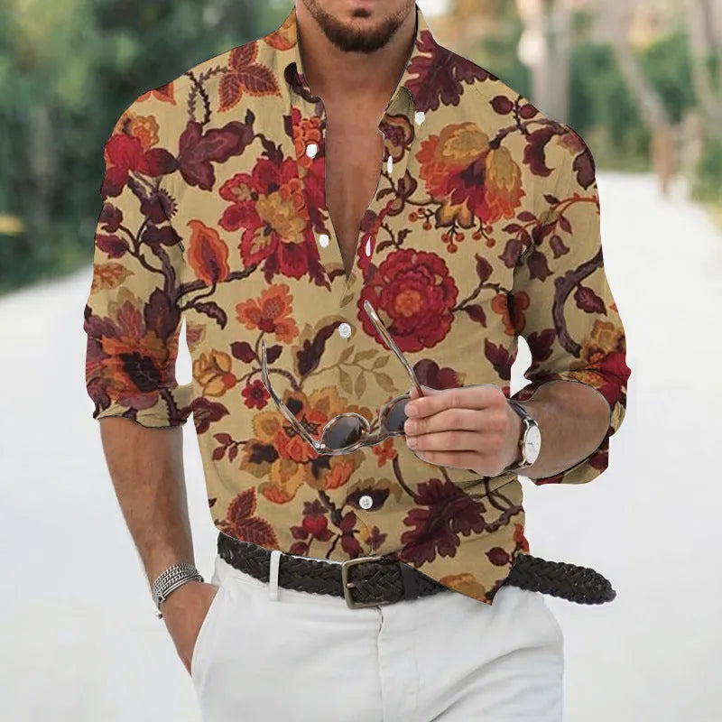 Men's loose floral shirt beach retro cardigan style with polyester blend fabric in a floral print