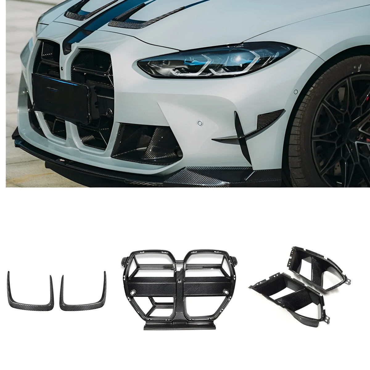 Black dry carbon fibre front bumper grille for BMW M3 M4 G80 G82 models with 3K weave pattern