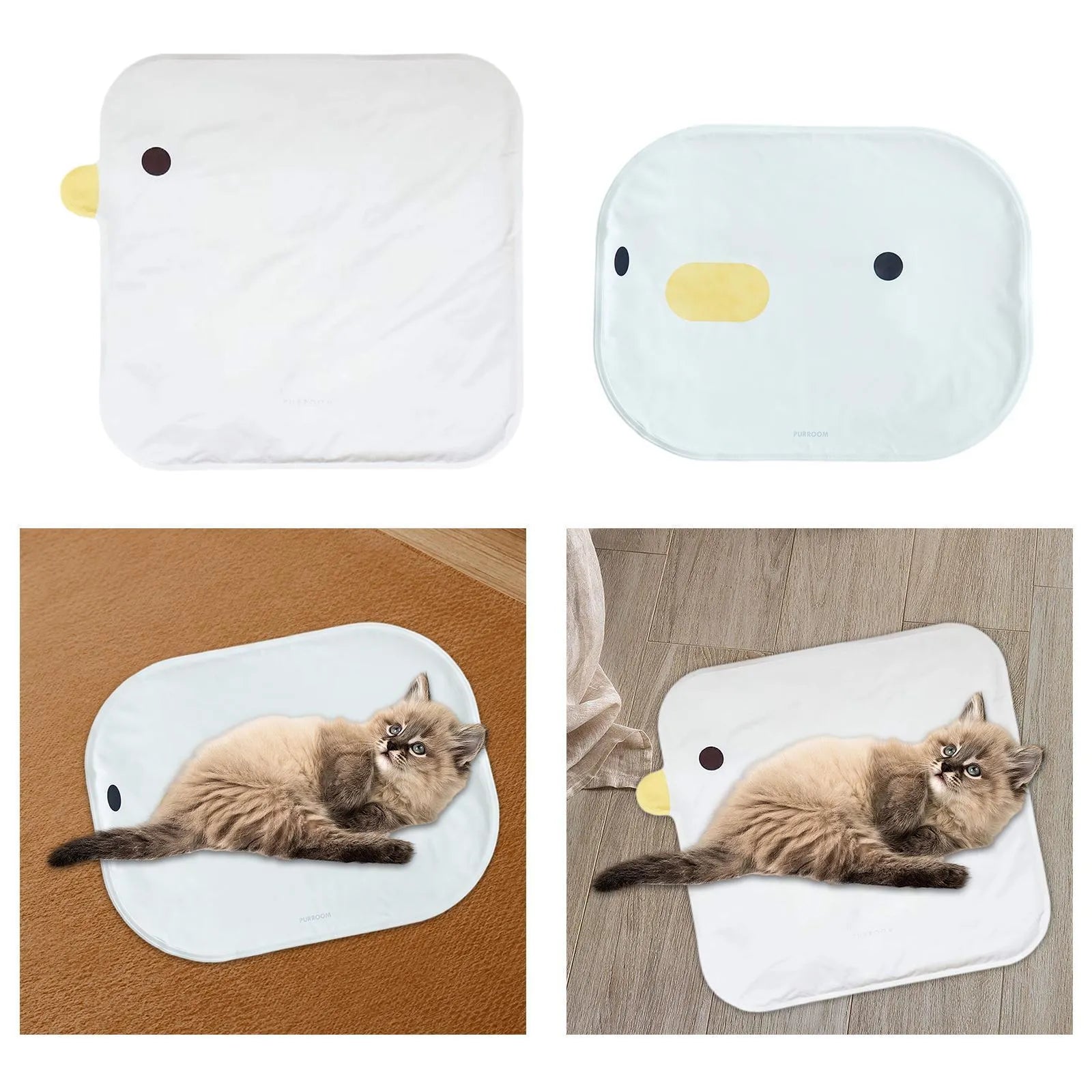 Washable chick-pattern pet cooling mat for dogs and cats on a floor