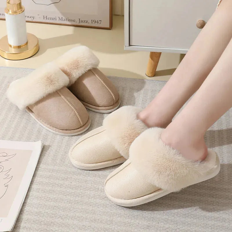 Women's plush indoor slippers with round toe, flat heel, and anti-slip PVC sole in five colour options