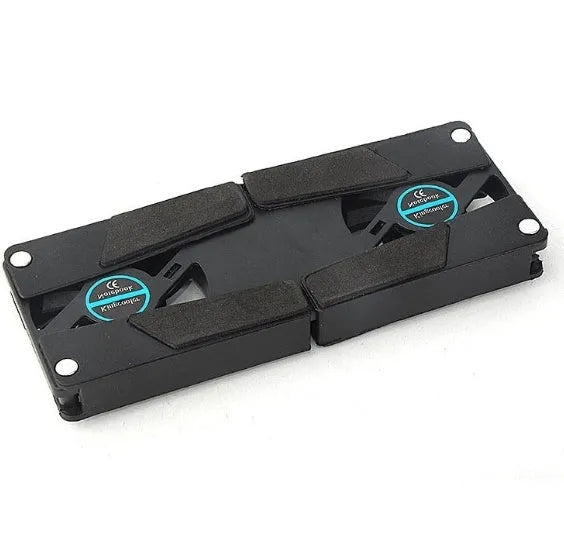 Foldable USB laptop cooling pad with two 6cm fans, alloy body, anti-slip feet, open size 27 x 18 x 2.2cm