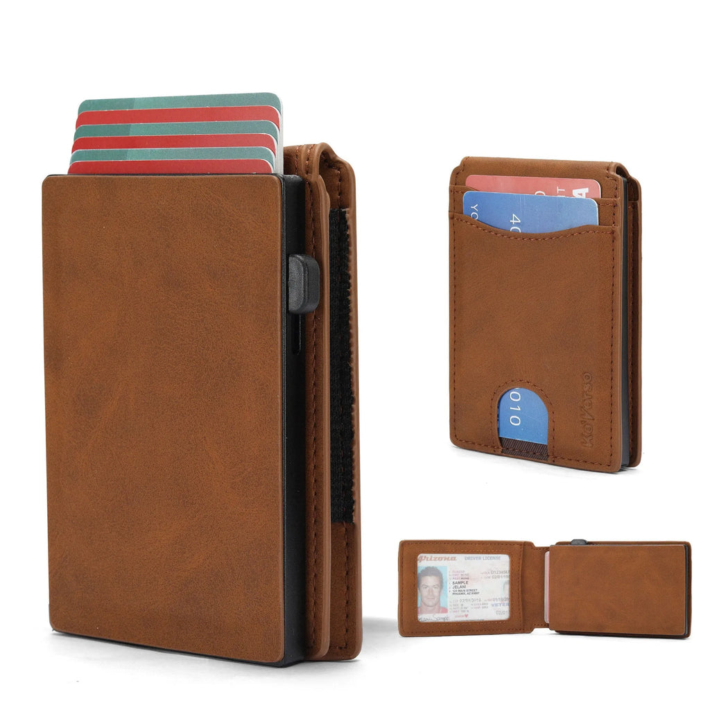 Men's synthetic leather card holder wallet with RFID blocking in light brown, dark brown, and black colours