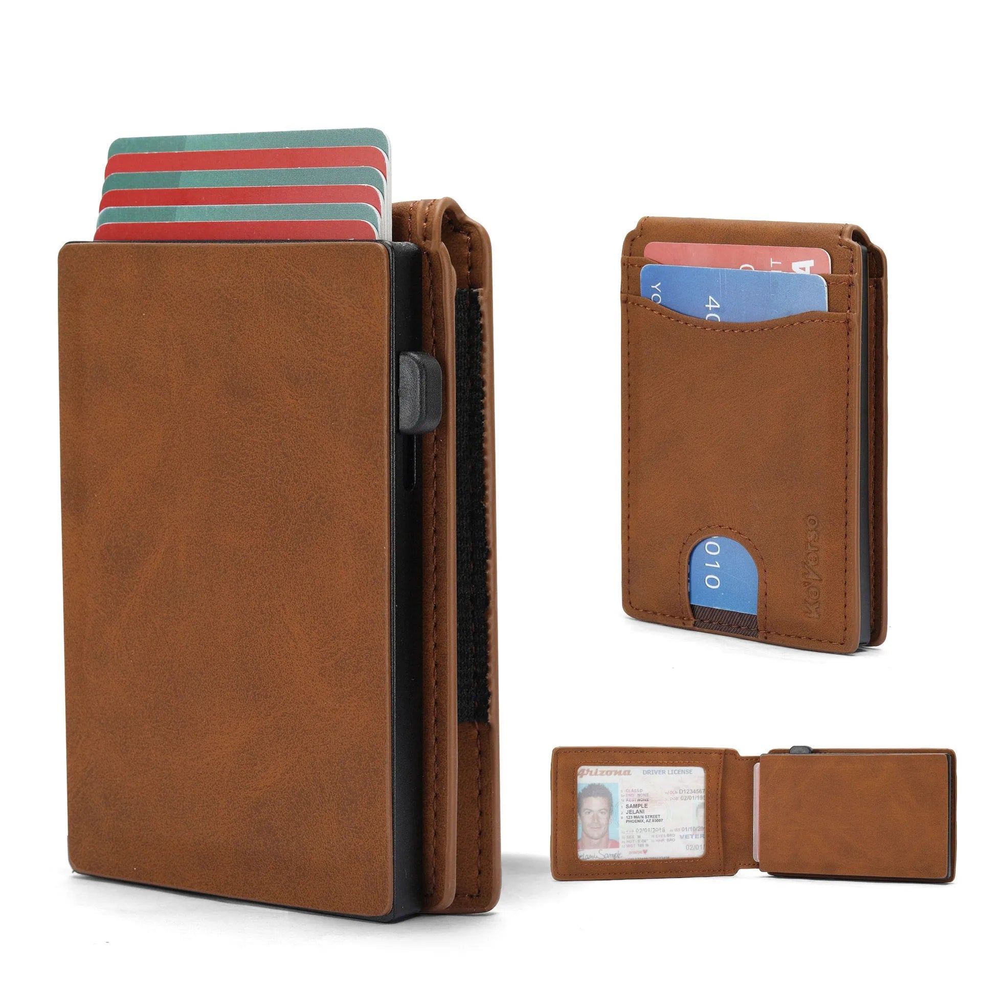 Men's synthetic leather card holder wallet with RFID blocking in light brown, dark brown, and black colours