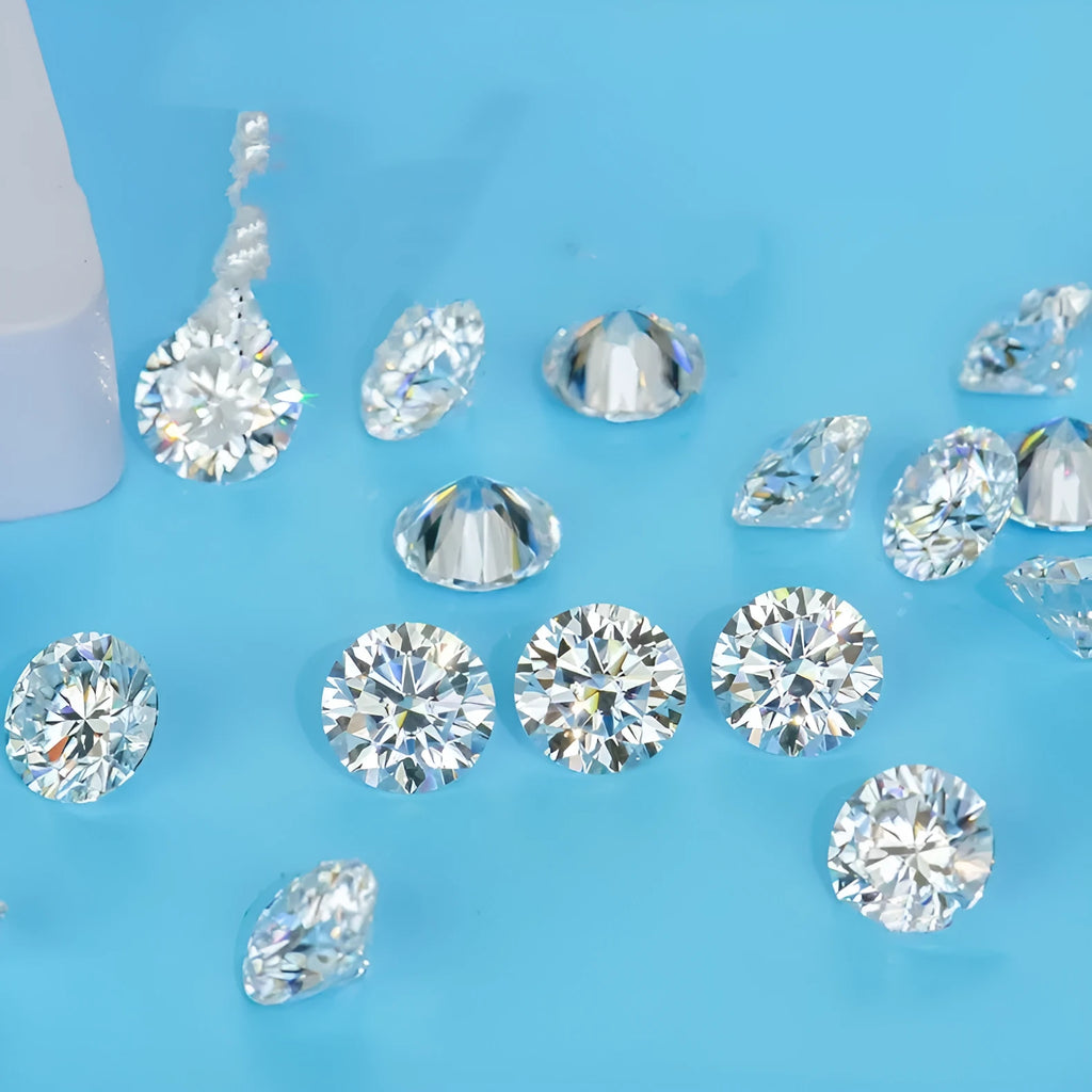 A round, brilliant moissanite gemstone showcasing the eight hearts and eight arrows cut on a neutral background.