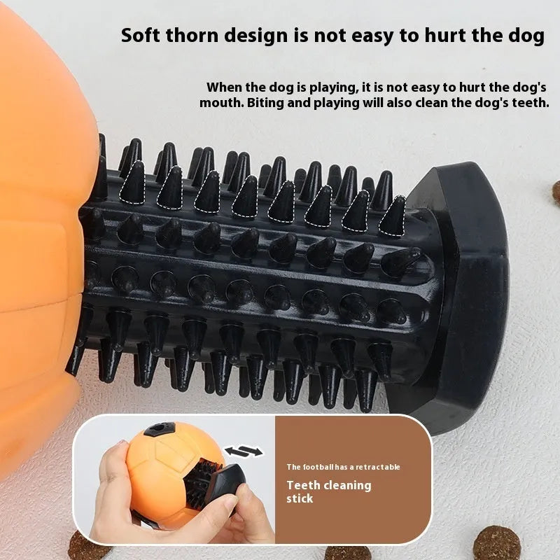 Orange and white TPR rubber dog toy ball with hollow design and teeth cleaning stick variant
