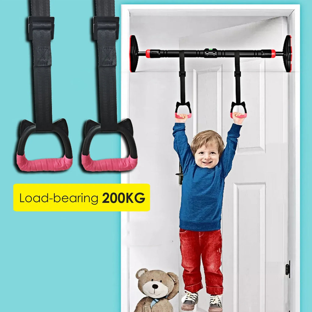 Pair of kids gymnastic rings with black PP handles, 1m or 2m webbing straps, and hand glue