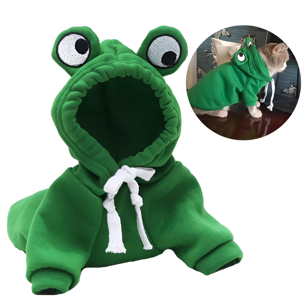 Green frog pattern hoodie costume on a small dog, showing hood and four-legs design.