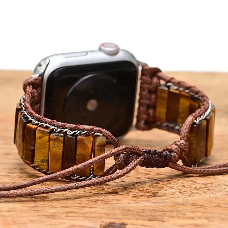 Rectangular tiger eye stone beads on adjustable textile watch strap for men in bohemian retro style