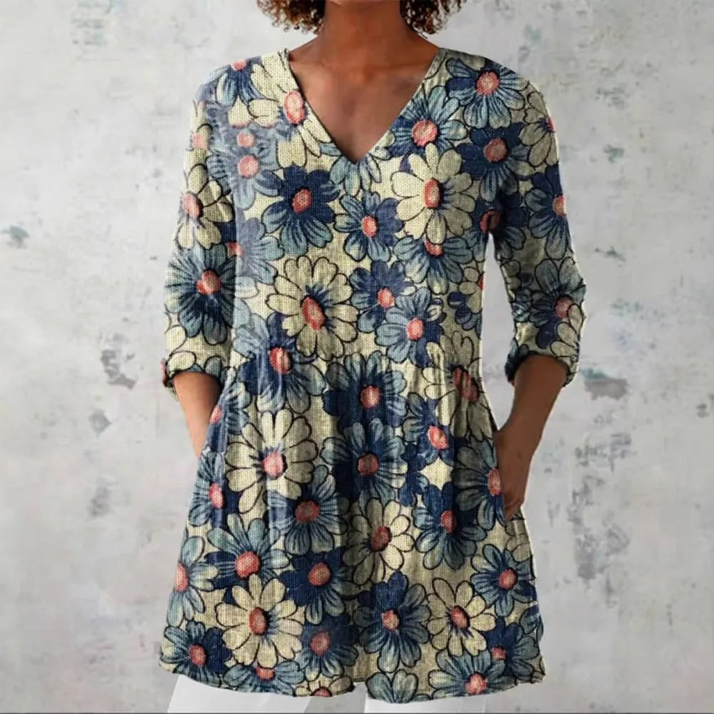 Women's retro slim fit printed long-sleeved top in polyester fabric showing digital print design