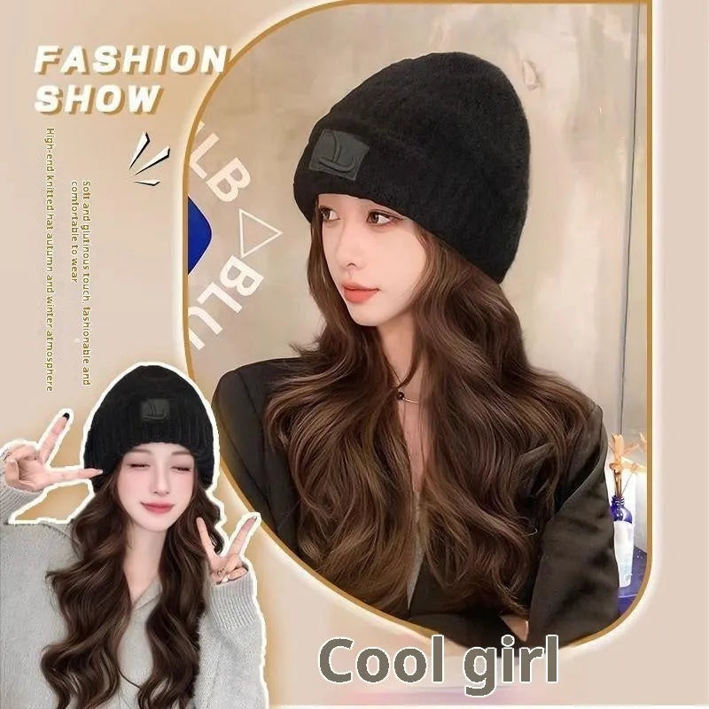 Hat wig for big head sizes with big wave protein filament style in cold brown colour