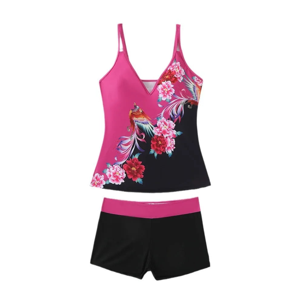 Plus size women's two-piece swimsuit set in black or rose red, showing top and briefs-style bottoms.