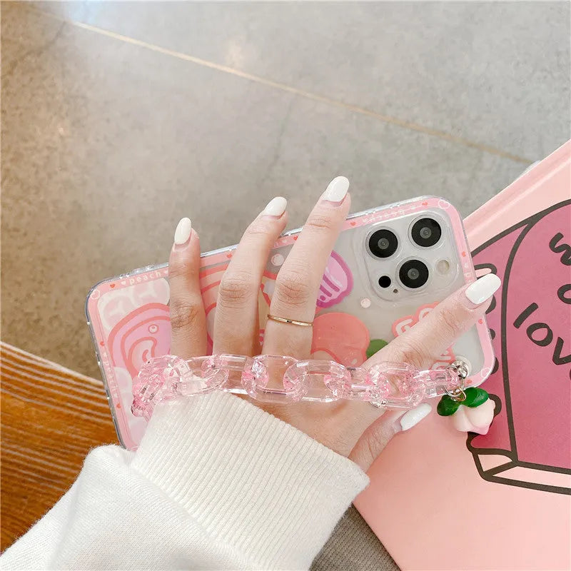 Bear white peach juice silicone phone case with summer drink chain design and bracelet for iPhone 11