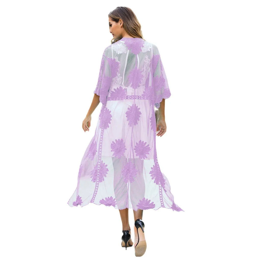 Light purple beachwear dress cardigan for women, a swimsuit cover-up in free size with cotton lining.