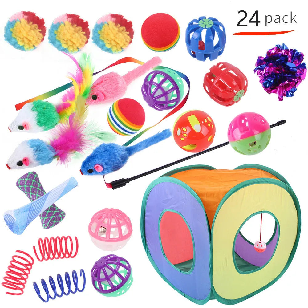 Plastic cat channel toy set with single and double layer options and random colour accessories for indoor cats