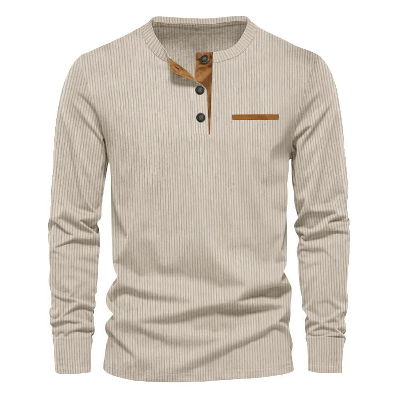 Men's slim fit corduroy henley long sleeve t-shirt in solid colour, available in multiple colours, front view