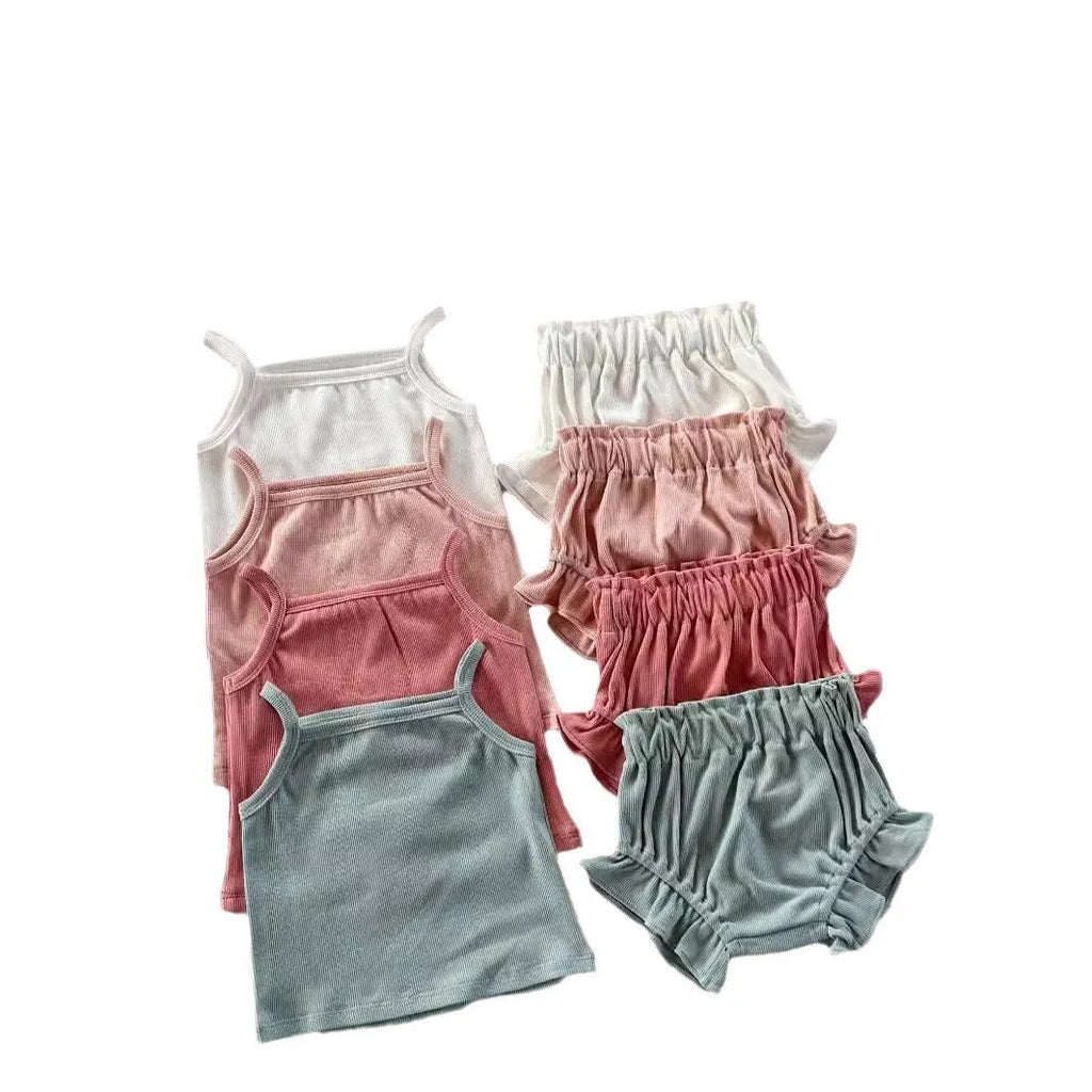 PP thin rib cotton baby girls' two-piece shorts set in coral pink with pullover blouse