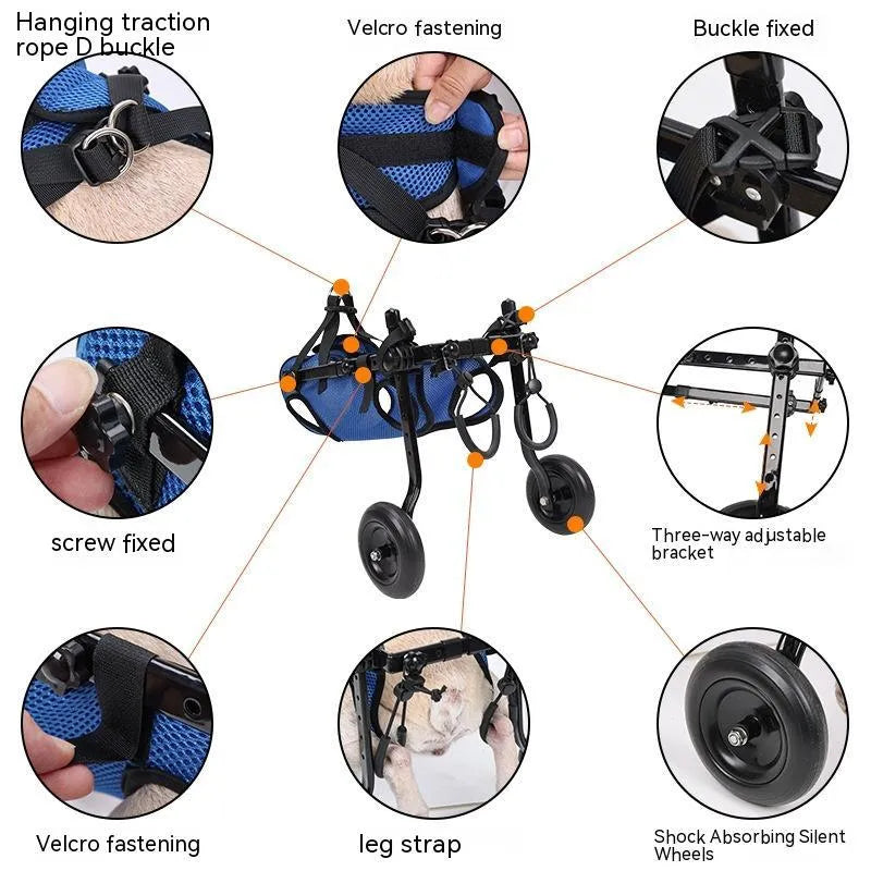 Blue dog wheelchair with aluminium alloy frame and polyester support, sizes XS to M