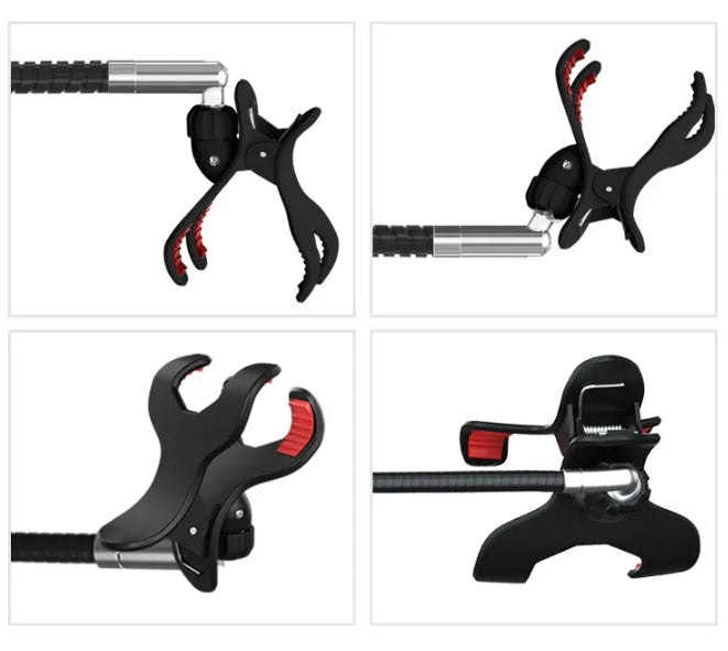 Adjustable bedside mobile phone holder bracket in black or white with universal clamp and folding mount